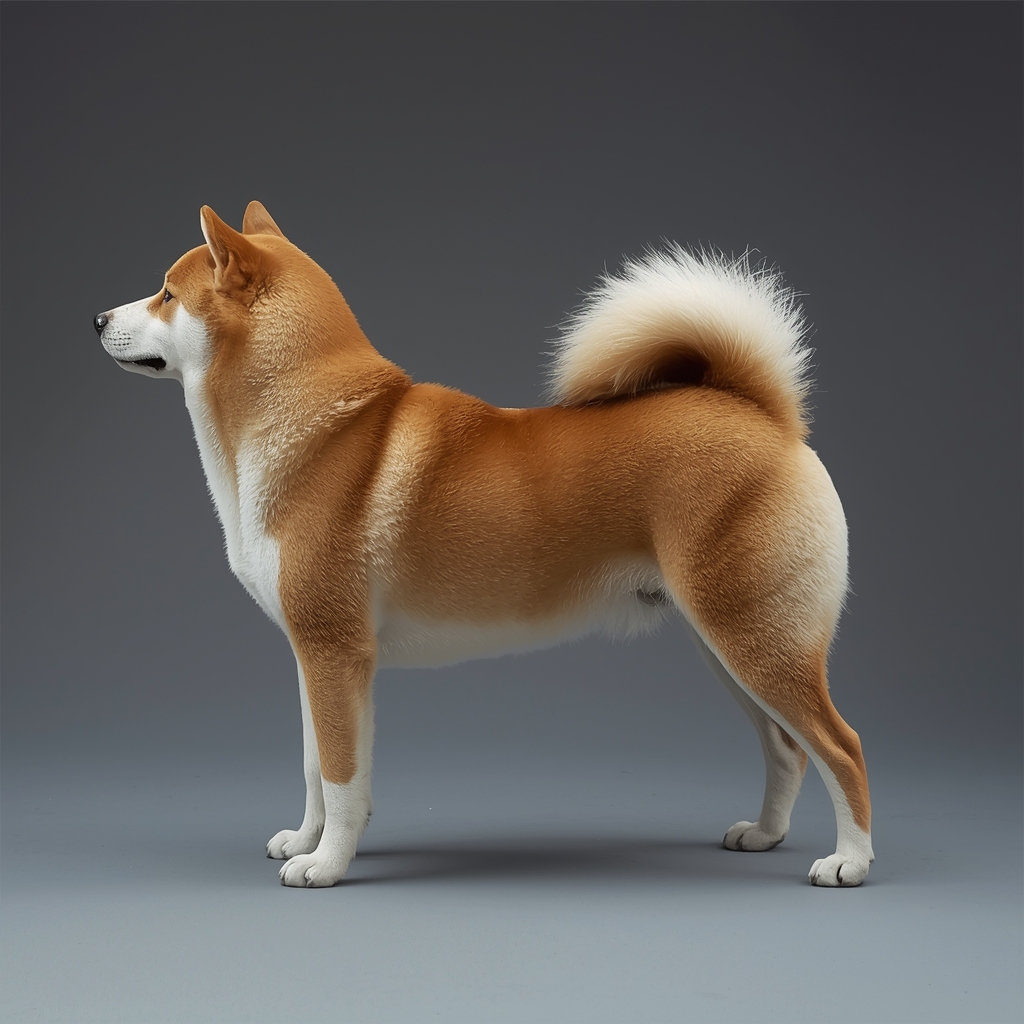 Telo i dlaka Akita Inu psa, prikaz boja i repa