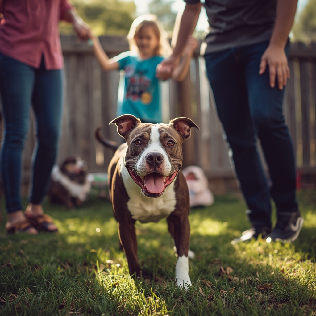 Američki stafordski terijer sa porodicom u dvorištu