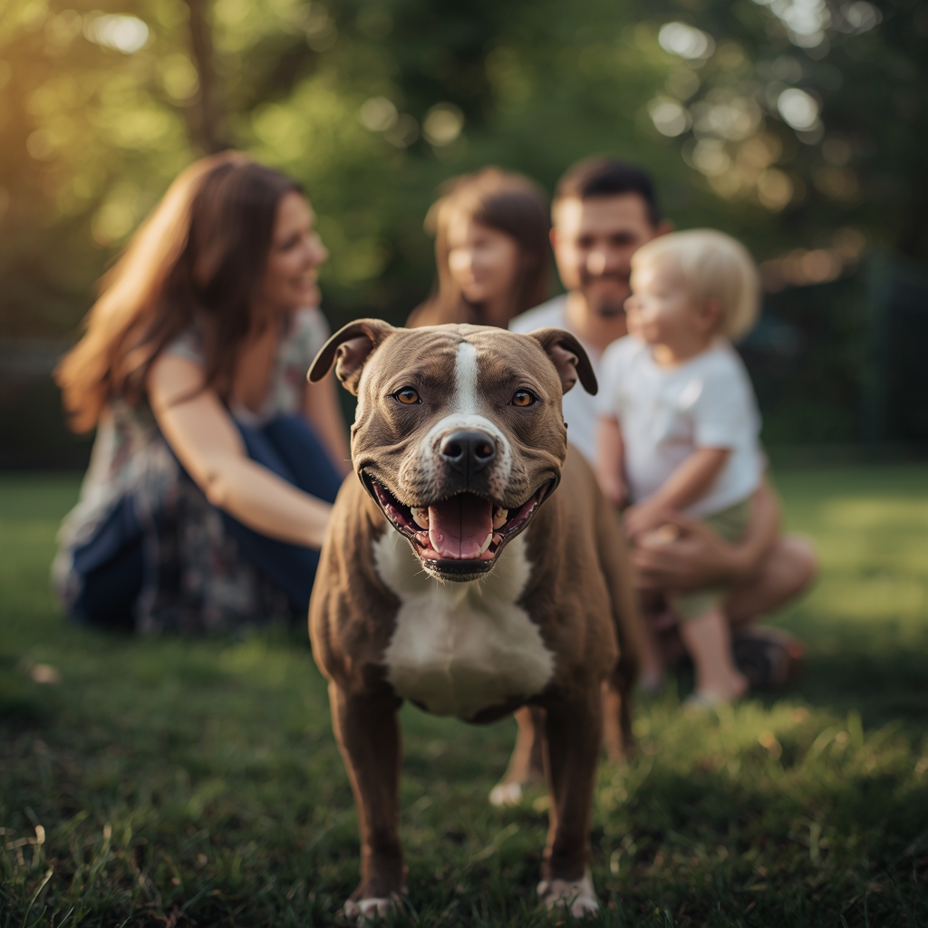 Američki stafordski terijer sa porodicom u dvorištu