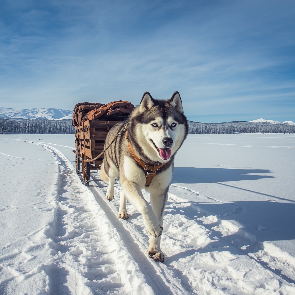 Aljaski haski vuče zapregu po snegu