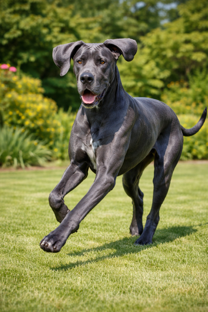 Plava nemačka doga trči po travi, pokret i snaga