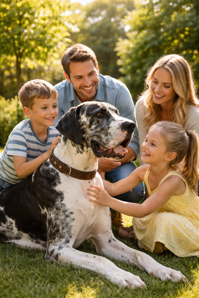 Nemačka doga sa porodicom u dvorištu, prijateljski pas